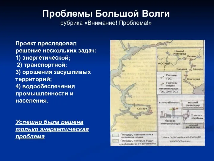 Проект преследовал решение нескольких задач: 1) энергетической; 2) транспортной; 3) орошения