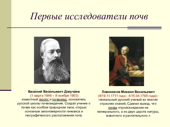 Первые исследователи почв Васи́лий Васи́льевич Докуча́ев (1 марта 1846 – 8