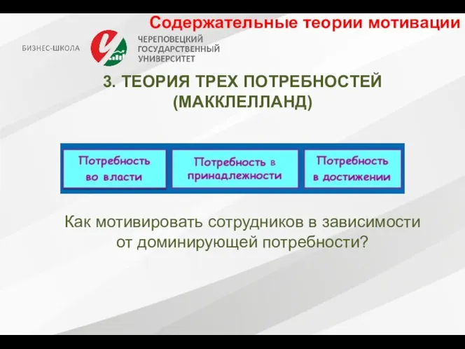 Содержательные теории мотивации 3. ТЕОРИЯ ТРЕХ ПОТРЕБНОСТЕЙ (МАККЛЕЛЛАНД) Как мотивировать сотрудников в зависимости от доминирующей потребности?