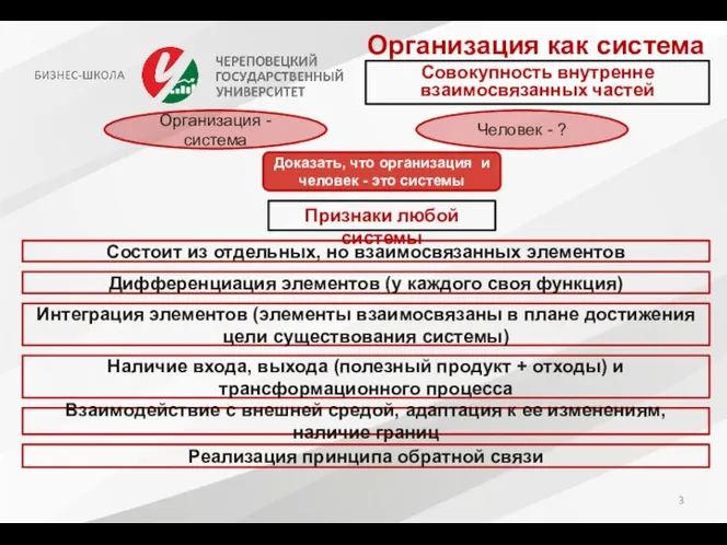 Организация как система Доказать, что организация и человек - это системы