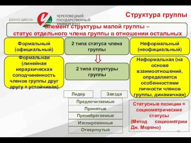 Структура группы Элемент структуры малой группы – статус отдельного члена группы