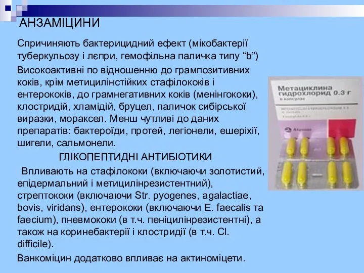 АНЗАМІЦИНИ Спричиняють бактерицидний ефект (мікобактерії туберкульозу і лєпри, гемофільна паличка типу