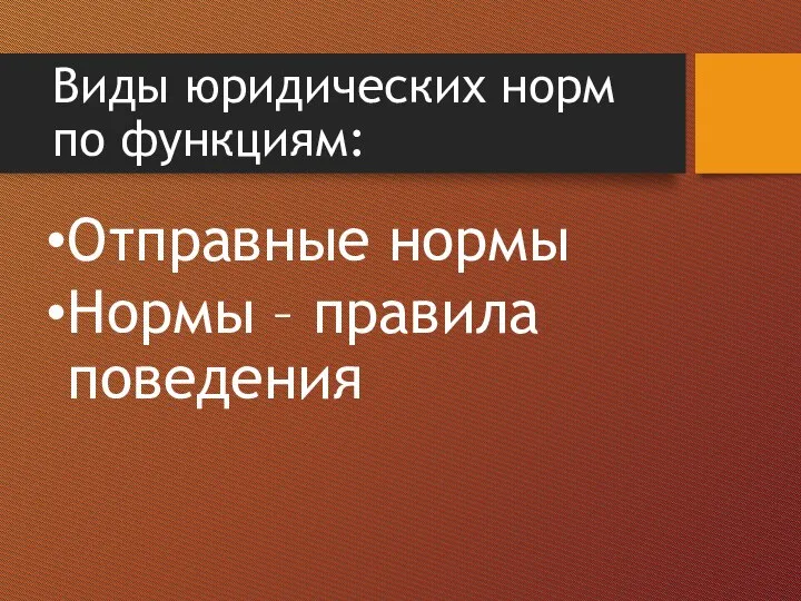 Виды юридических норм по функциям: Отправные нормы Нормы – правила поведения