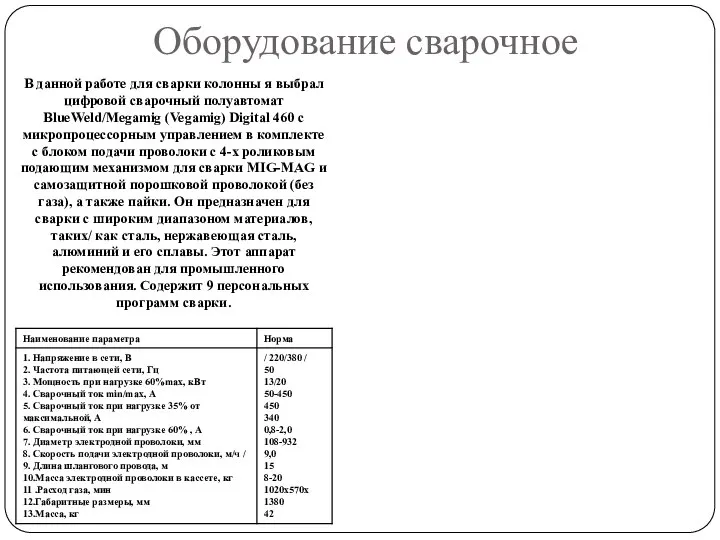 Оборудование сварочное В данной работе для сварки колонны я выбрал цифровой