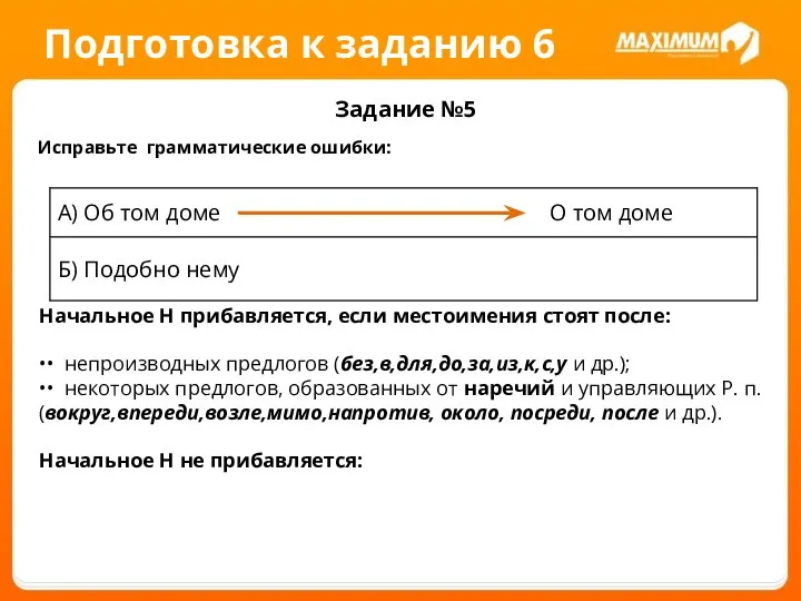 Подготовка к заданию 6 Задание №5 Исправьте грамматические ошибки: Начальное Н