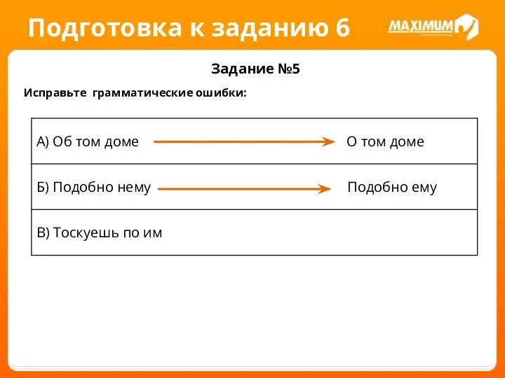 Подготовка к заданию 6 Задание №5 Исправьте грамматические ошибки: