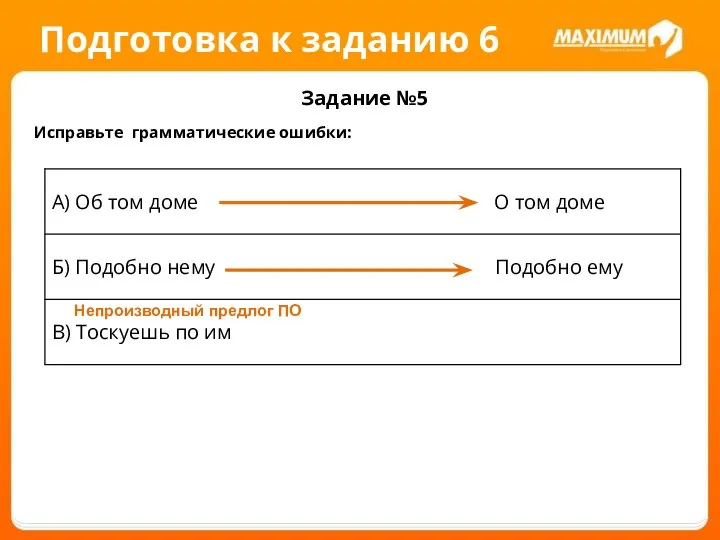 Подготовка к заданию 6 Задание №5 Исправьте грамматические ошибки: Непроизводный предлог ПО