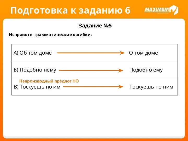 Подготовка к заданию 6 Задание №5 Исправьте грамматические ошибки: Непроизводный предлог ПО