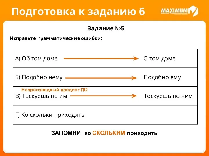 Подготовка к заданию 6 Задание №5 Исправьте грамматические ошибки: Непроизводный предлог ПО ЗАПОМНИ: ко СКОЛЬКИМ приходить