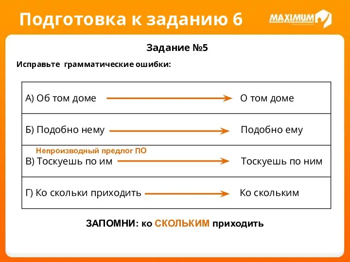 Подготовка к заданию 6 Задание №5 Исправьте грамматические ошибки: Непроизводный предлог ПО ЗАПОМНИ: ко СКОЛЬКИМ приходить