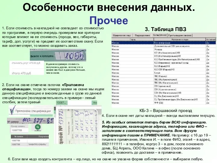 Особенности внесения данных. Прочее 1. Если стоимость в накладной не совпадает