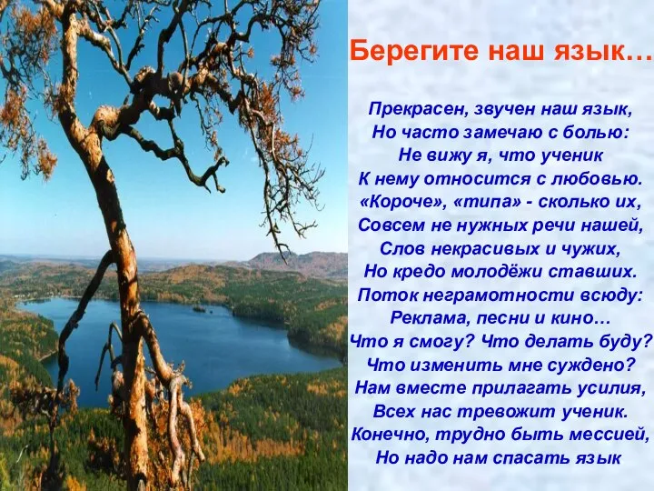 Прекрасен, звучен наш язык, Но часто замечаю с болью: Не вижу