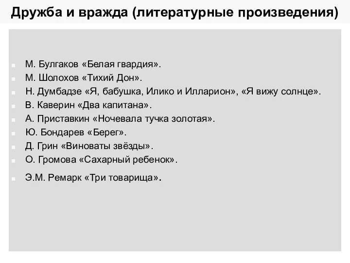 Дружба и вражда (литературные произведения) М. Булгаков «Белая гвардия». М. Шолохов