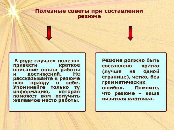 Полезные советы при составлении резюме Резюме должно быть составлено кратко (лучше