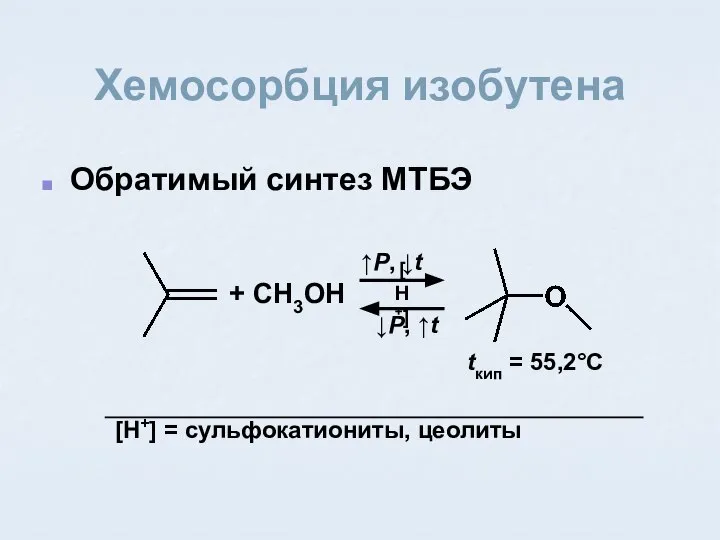 Хемосорбция изобутена Обратимый синтез МТБЭ [H+] = сульфокатиониты, цеолиты [H+] ↑P,