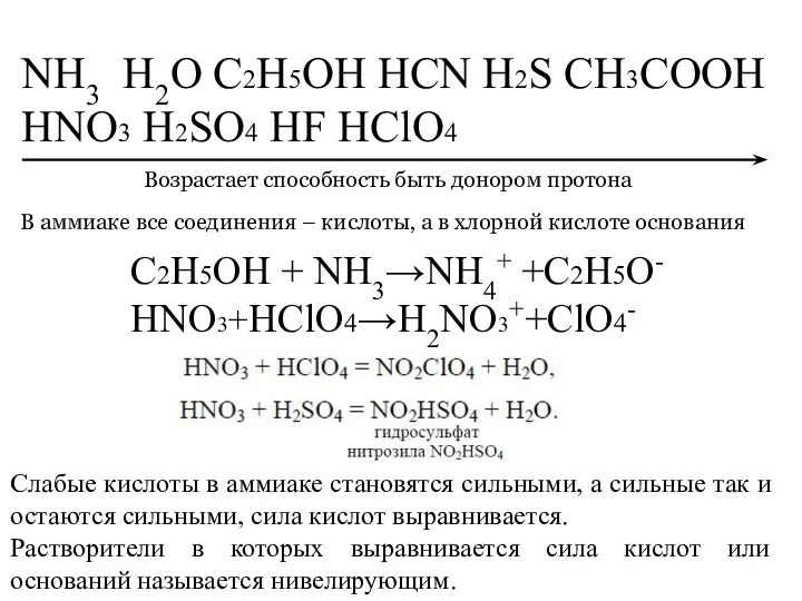 NH3 Н2О С2Н5ОН HCN H2S CH3COOH HNO3 H2SO4 HF HClO4 Возрастает