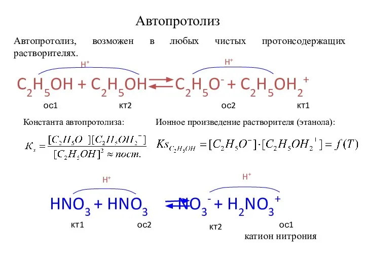 HNO3 + HNO3 NO3- + H2NO3+ H+ H+ кт1 ос2 ос1