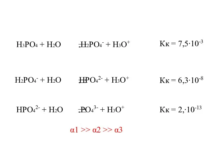 H3PO4 + H2O H2PO4- + H3O+ Кк = 7,5∙10-3 H2PO4- +