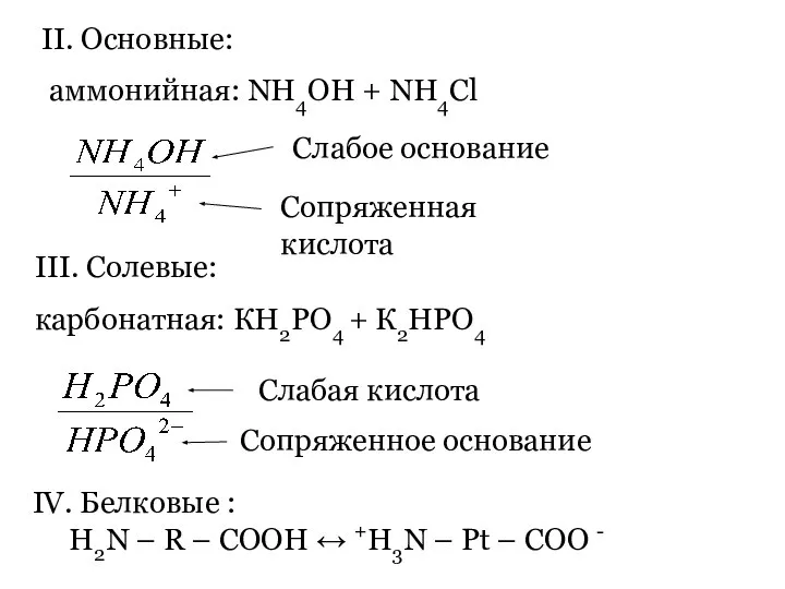 II. Основные: аммонийная: NH4OH + NH4Cl III. Солевые: карбонатная: КН2РО4 +