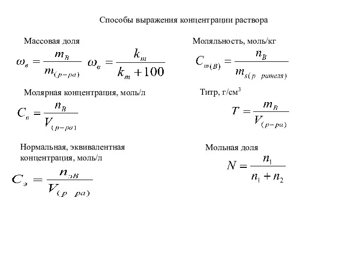 Способы выражения концентрации раствора Массовая доля Молярная концентрация, моль/л Нормальная, эквивалентная