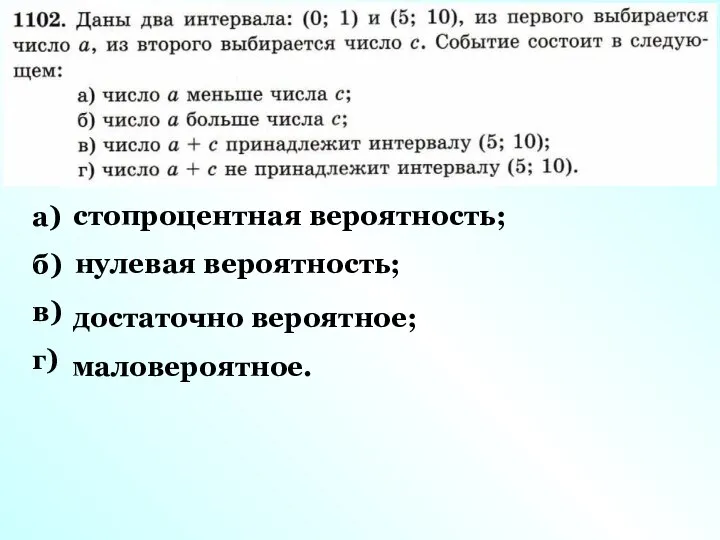 а) б) в) г) стопроцентная вероятность; нулевая вероятность; достаточно вероятное; маловероятное.