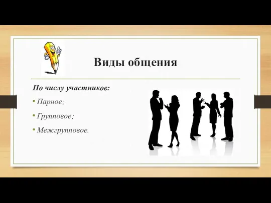 Виды общения По числу участников: Парное; Групповое; Межгрупповое.