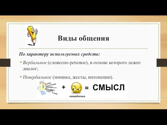 Виды общения По характеру используемых средств: Вербальное (словесно-речевое), в основе которого