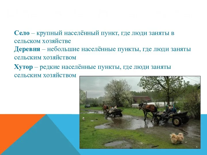 Сельские населенные пункты Село – крупный населённый пункт, где люди заняты