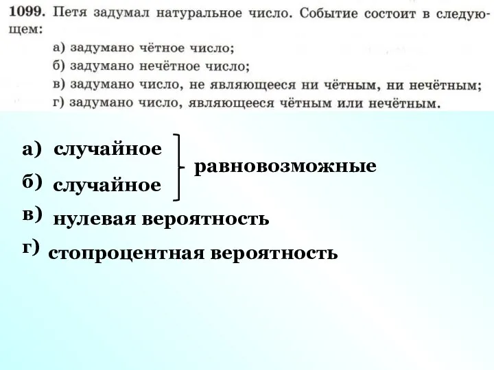 а) б) в) г) случайное случайное равновозможные нулевая вероятность стопроцентная вероятность