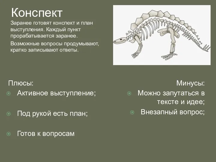 Конспект Заранее готовят конспект и план выступления. Каждый пункт прорабатывается заранее.