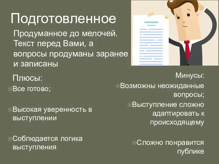 Подготовленное Продуманное до мелочей. Текст перед Вами, а вопросы продуманы заранее