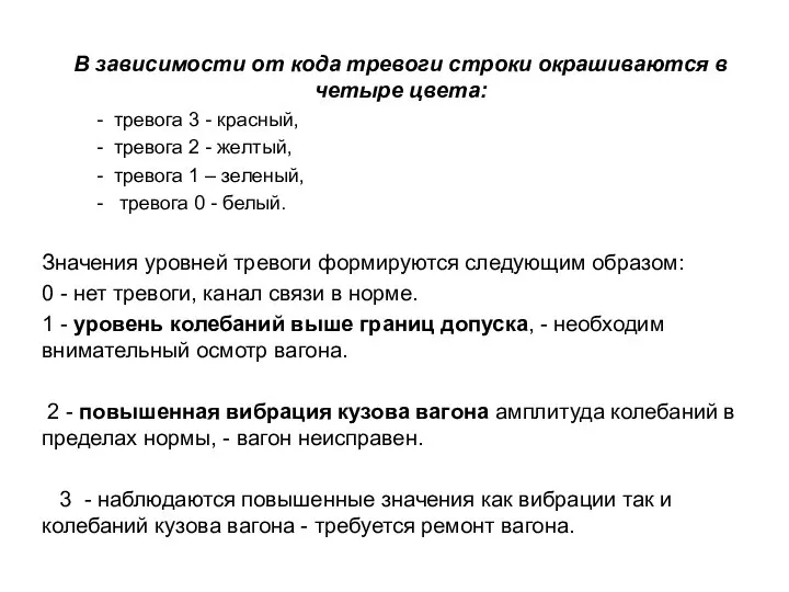 В зависимости от кода тревоги строки окрашиваются в четыре цвета: -