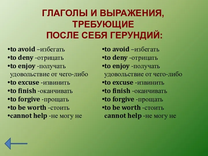 ГЛАГОЛЫ И ВЫРАЖЕНИЯ, ТРЕБУЮЩИЕ ПОСЛЕ СЕБЯ ГЕРУНДИЙ: to avoid –избегать to