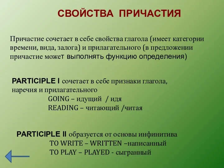 СВОЙСТВА ПРИЧАСТИЯ Причастие сочетает в себе свойства глагола (имеет категории времени,