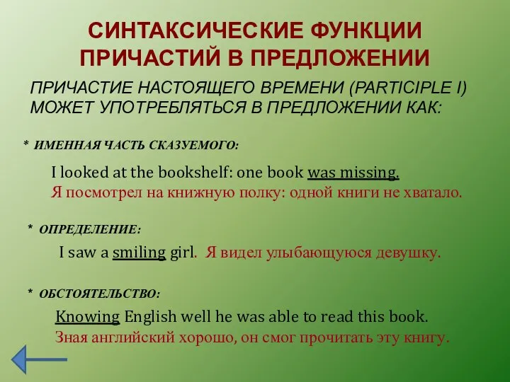 СИНТАКСИЧЕСКИЕ ФУНКЦИИ ПРИЧАСТИЙ В ПРЕДЛОЖЕНИИ ПРИЧАСТИЕ НАСТОЯЩЕГО ВРЕМЕНИ (PARTICIPLE I) МОЖЕТ