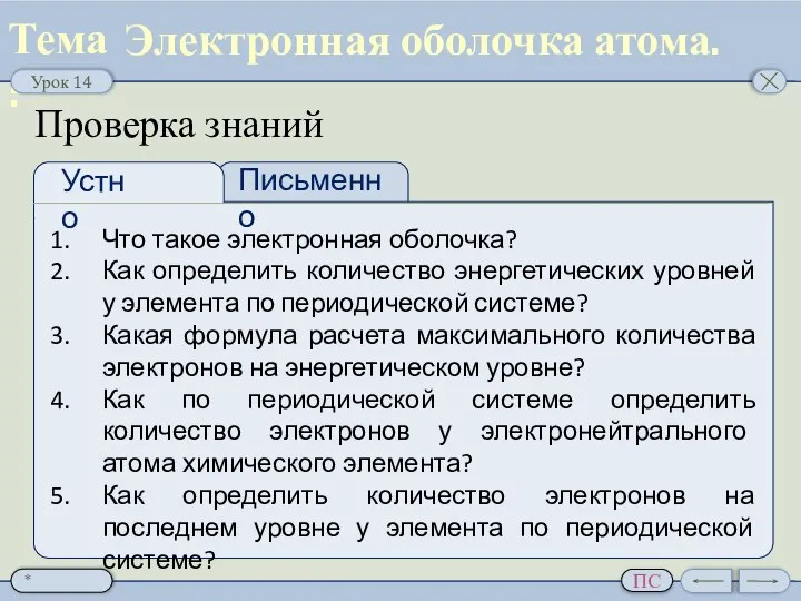 Проверка знаний Что такое электронная оболочка? Как определить количество энергетических уровней