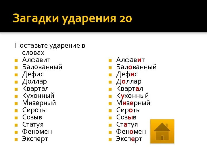 Загадки ударения 20 Поставьте ударение в словах Алфавит Балованный Дефис Доллар