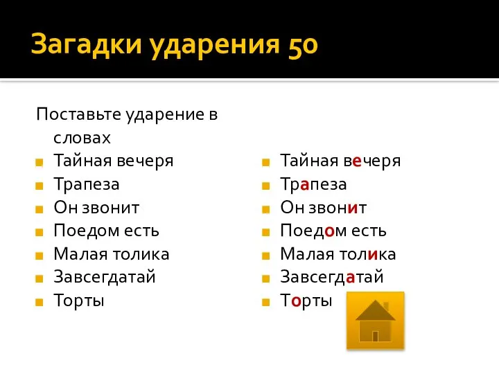 Загадки ударения 50 Поставьте ударение в словах Тайная вечеря Трапеза Он