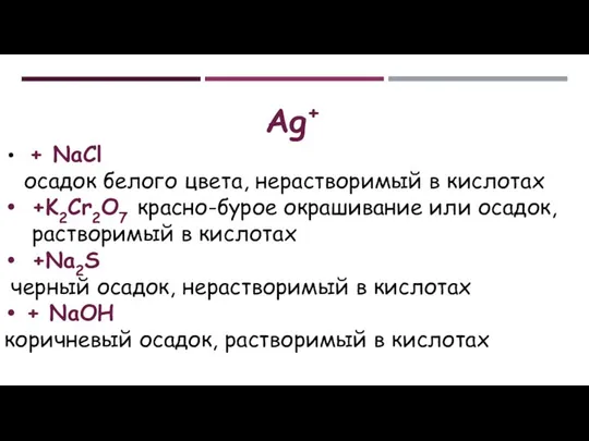 Ag+ + NaCl осадок белого цвета, нерастворимый в кислотах +K2Cr2O7 красно-бурое