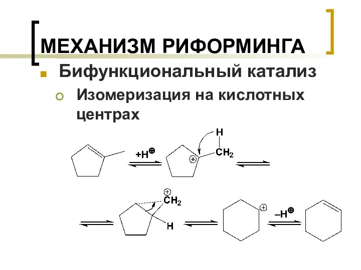 МЕХАНИЗМ РИФОРМИНГА Бифункциональный катализ Изомеризация на кислотных центрах +H⊕ –H⊕