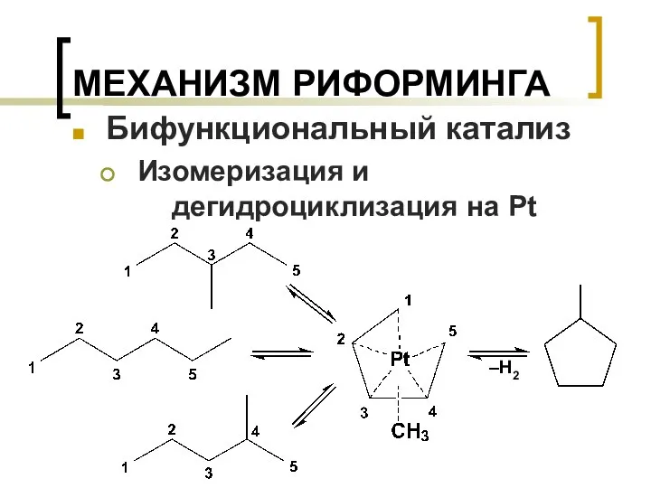 МЕХАНИЗМ РИФОРМИНГА Бифункциональный катализ Изомеризация и дегидроциклизация на Pt –H2