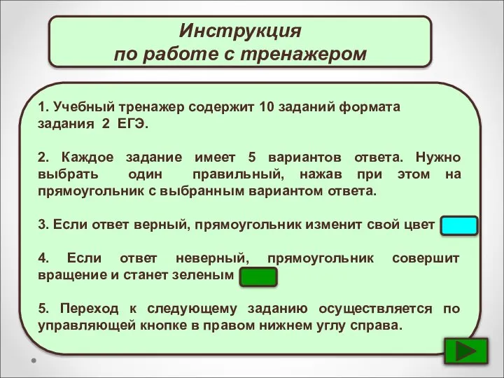 Инструкция по работе с тренажером 1. Учебный тренажер содержит 10 заданий