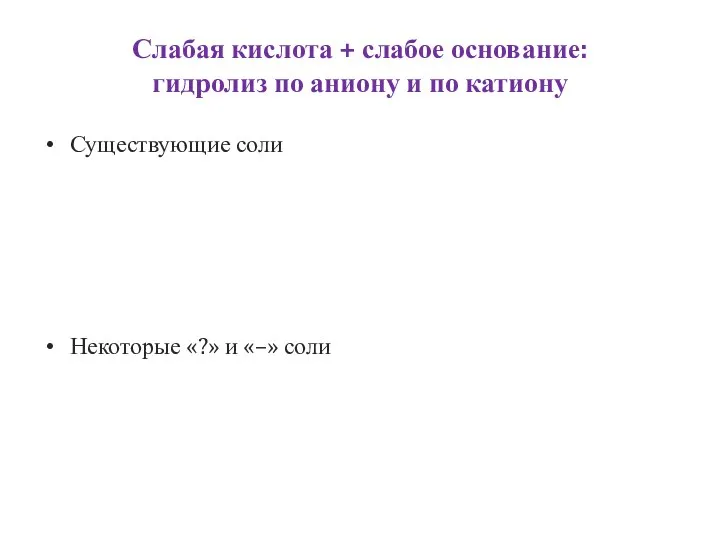 Слабая кислота + слабое основание: гидролиз по аниону и по катиону