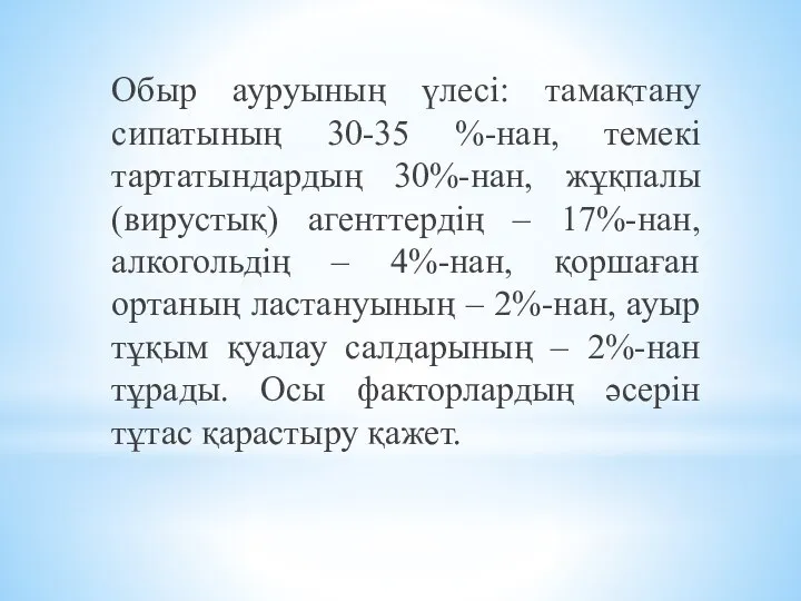 Обыр ауруының үлесі: тамақтану сипатының 30-35 %-нан, темекі тартатындардың 30%-нан, жұқпалы