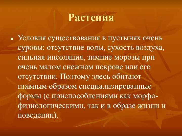 Растения Условия существования в пустынях очень суровы: отсутствие воды, сухость воздуха,