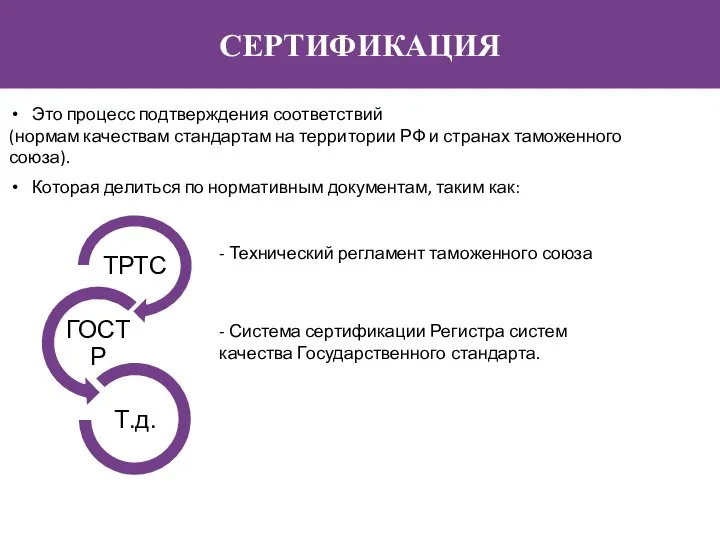 СЕРТИФИКАЦИЯ Это процесс подтверждения соответствий (нормам качествам стандартам на территории РФ