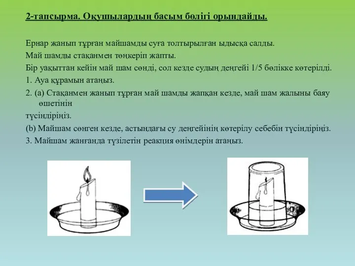 2-тапсырма. Оқушылардың басым бөлігі орындайды. Ернар жанып тұрған майшамды суға толтырылған