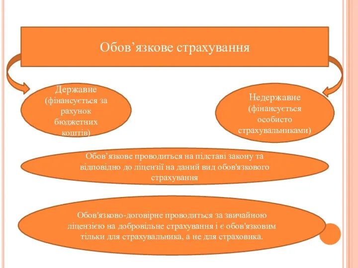 Обов’язкове страхування Державне (фінансується за рахунок бюджетних коштів) Недержавне (фінансується особисто