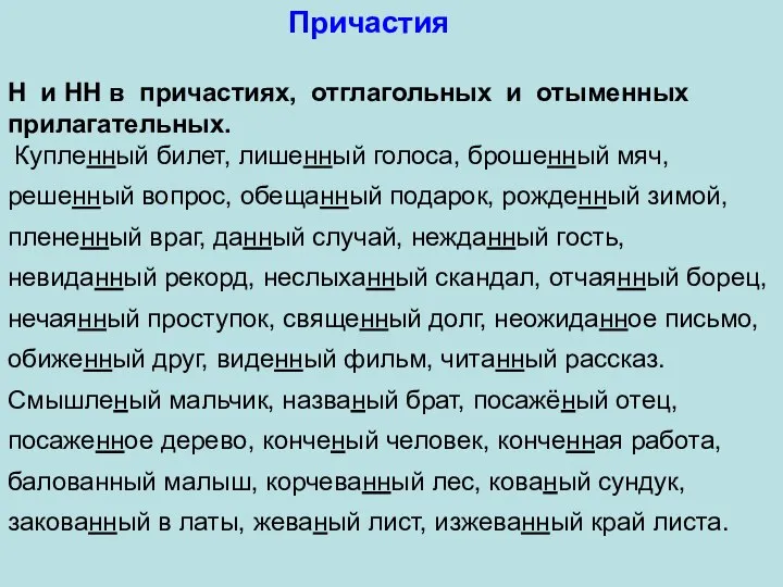 Причастия Н и НН в причастиях, отглагольных и отыменных прилагательных. Купленный