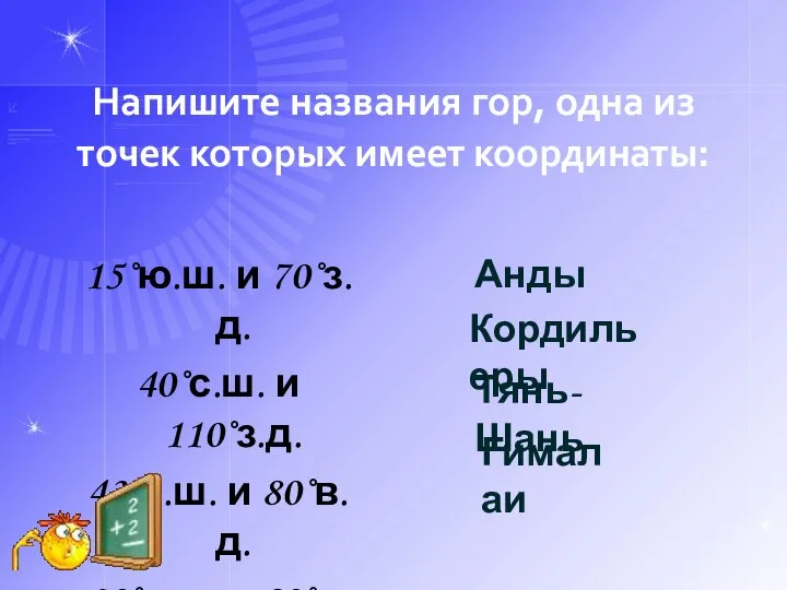 Напишите названия гор, одна из точек которых имеет координаты: 15˚ю.ш. и